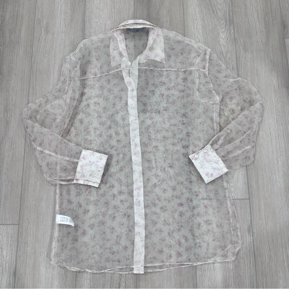 Zara organza sheer floral oversized collared button down small white pink - Picture 4 of 8
